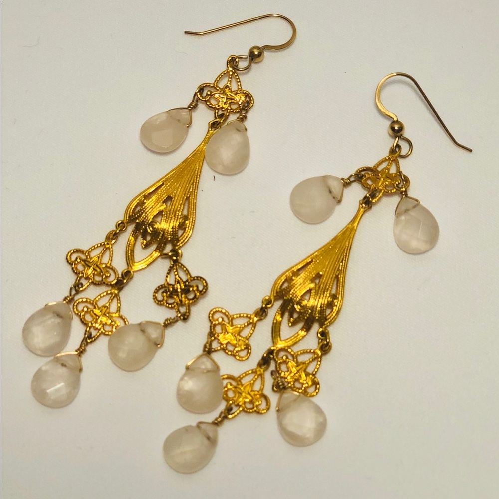 Designer Dangle Gold and Pink Gemstone Earrings
